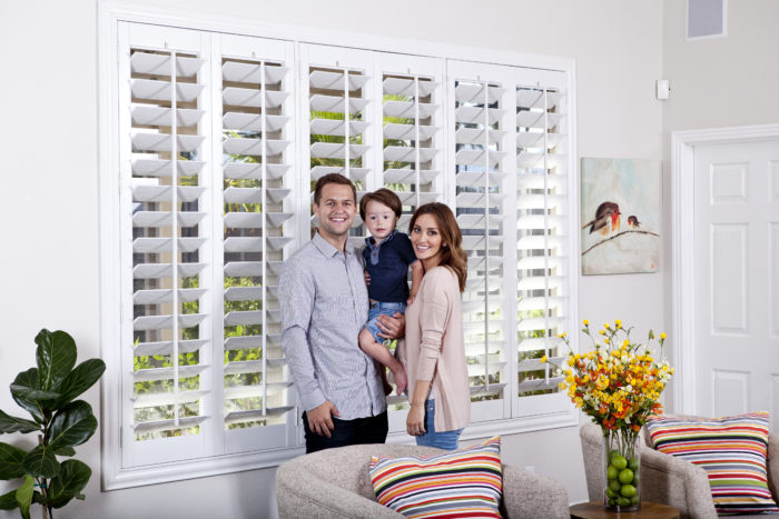 Plantation shutters in a family room